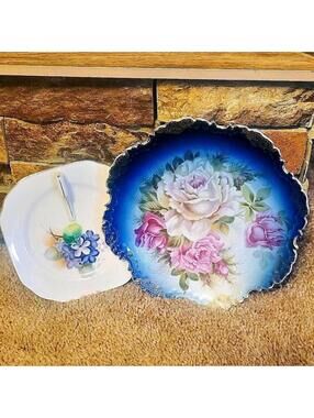 Monsjou Savaria blue floral plate and Lefton small floral plate made in Japan